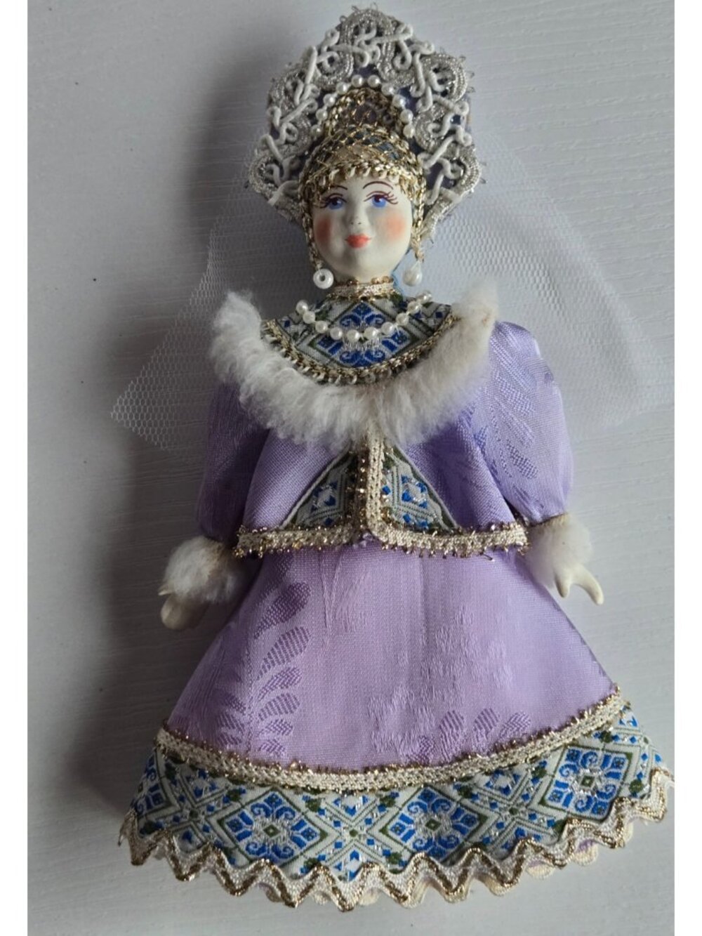 Vintage Russian Snowmaiden Porcelain Doll in Lavender with a Veil 8 inches